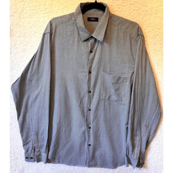 Theory Men's‎ Button Down Shirt XL Blue Gingham 100% Cotton Long Sleeve Collared - Picture 1 of 12